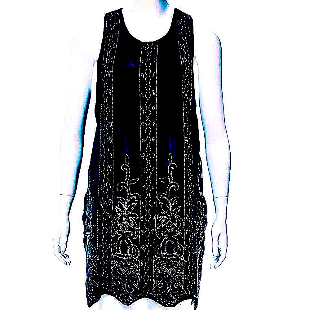 Haute Hippie Blue Western Hand Beaded Silk Velvet Shift Midi Dress NWT
